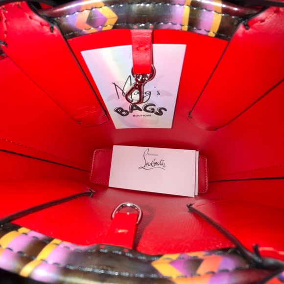 Louboutin: Holographic Patent Cabata Spiked Leather Mini Tote Crossbody Bag - Picture 16 of 17